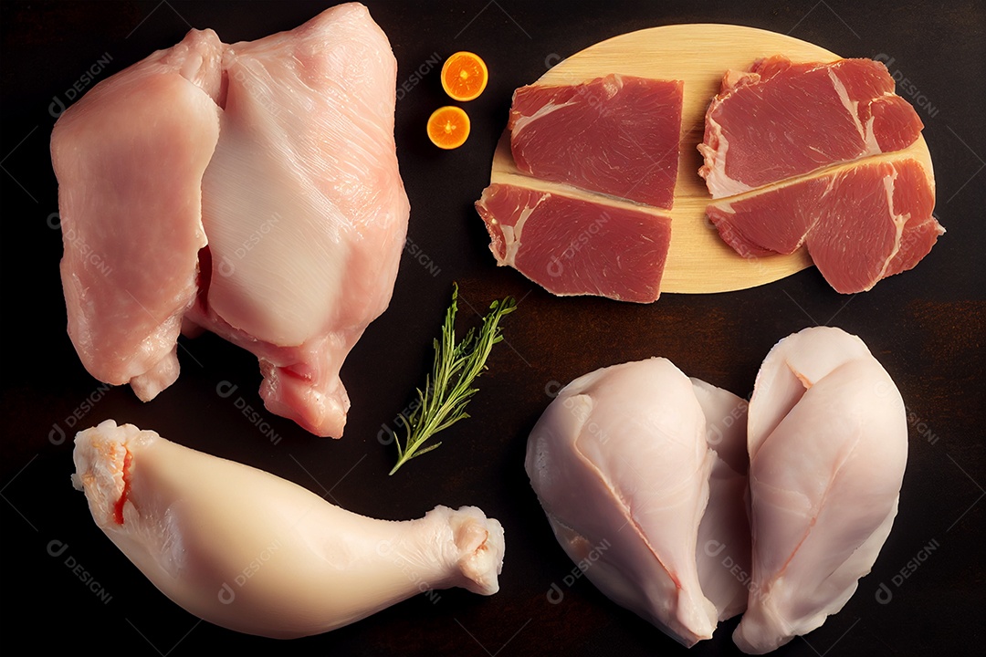 Filé de frango cru com ingredientes para cozinhar em fundo isolado gerado por IA