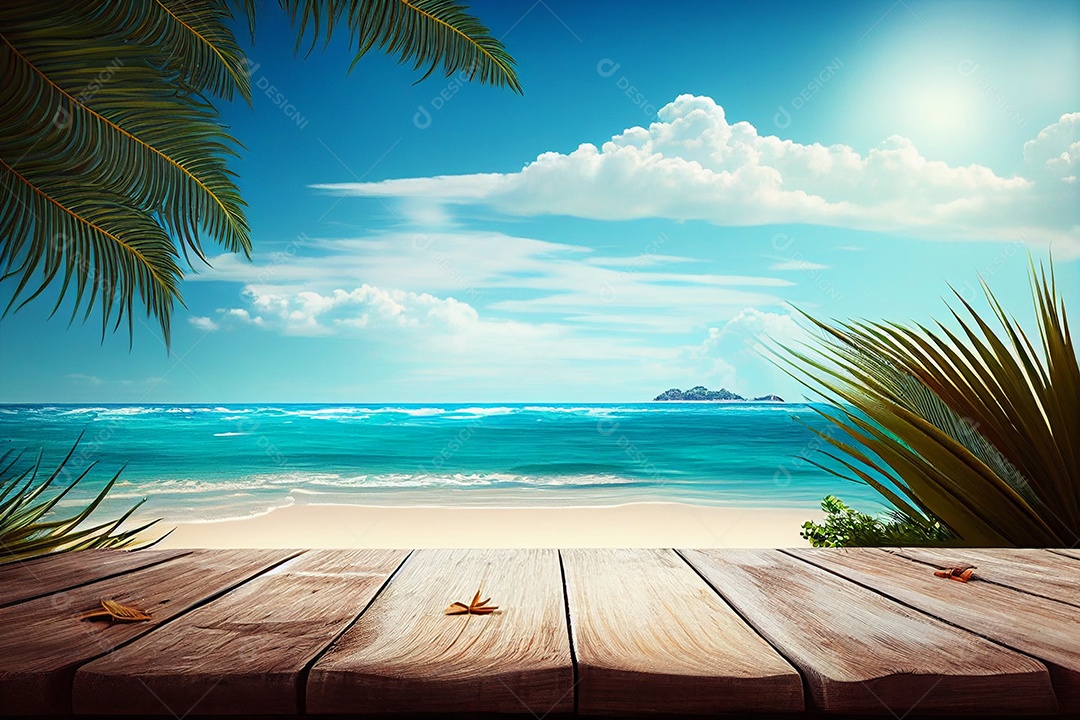 Fundo de praia com palmeiras e espaço de deck de madeira ilustração 3D gerada por IA