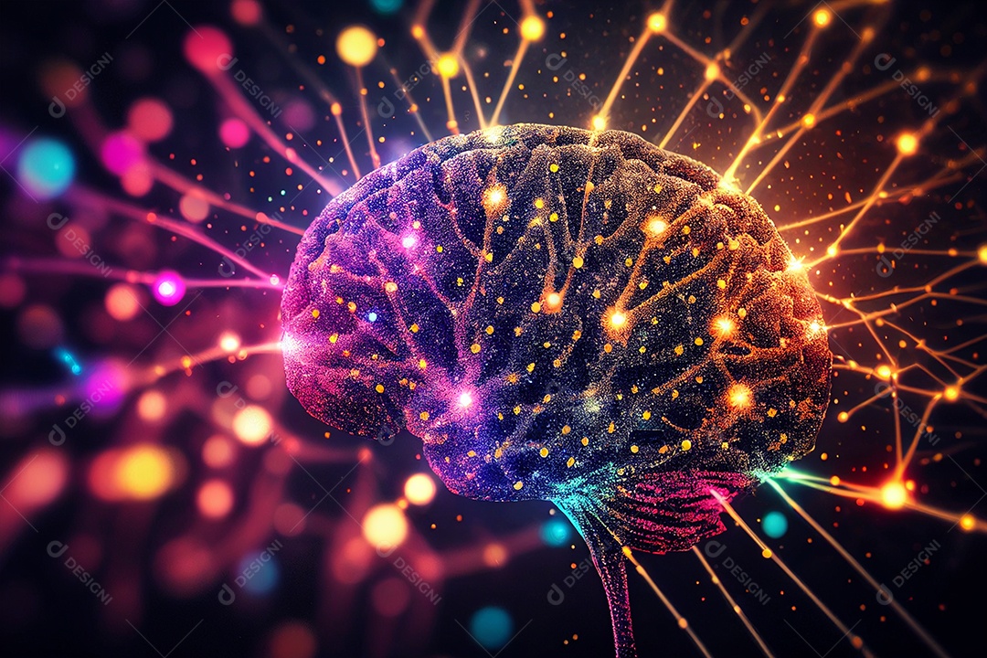 Cérebro humano abstrato com luzes gerado por IA