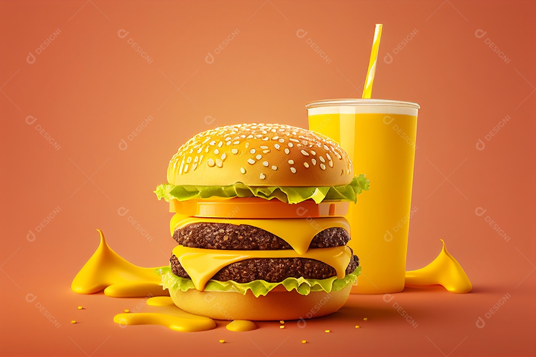 Belo hambúrguer acompanhado com suco sobre fundo laranja 3d renderizado IA