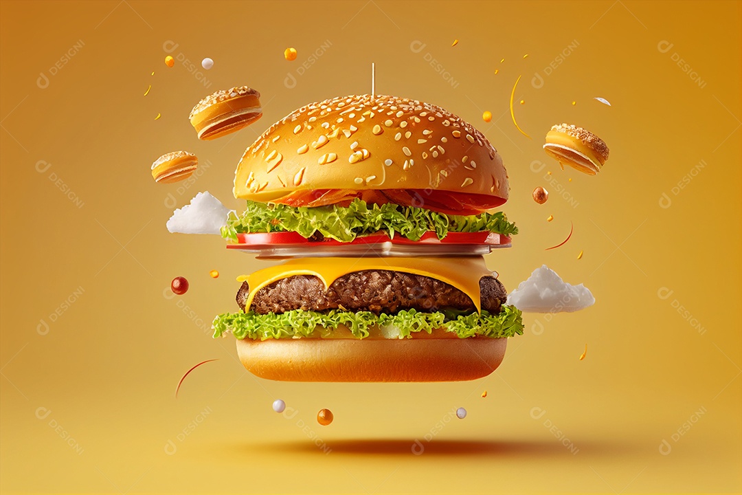 Belo hambúrguer engredientes voadores sobre fundo amarelo 3d renderizado IA
