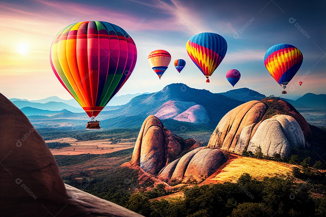 Paisagem aérea de voo de balões de manhã com fundo de céu ao nascer do sol gerado por IA