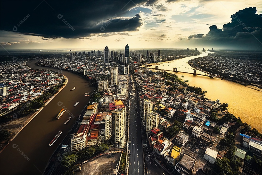 Vista de alto ângulo de Bangkok ao fim de tarde gerada por IA