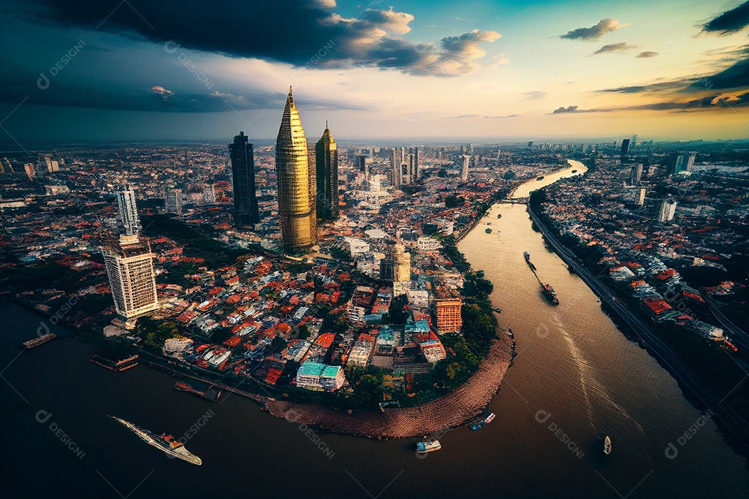 Vista de alto ângulo de Bangkok ao fim de tarde gerada por IA