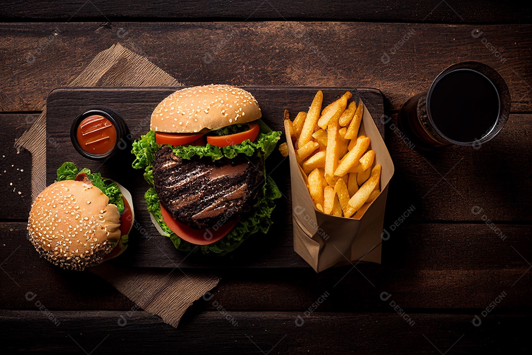 Delícia gourmet hambúrgueres de carne e batatas fritas em tábua de madeira sobre fundo isolado gerado por IA