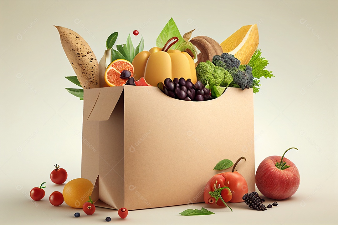 Fundo com frutas e verduras em sacola retornável sobre fundo isolado gerado por IA