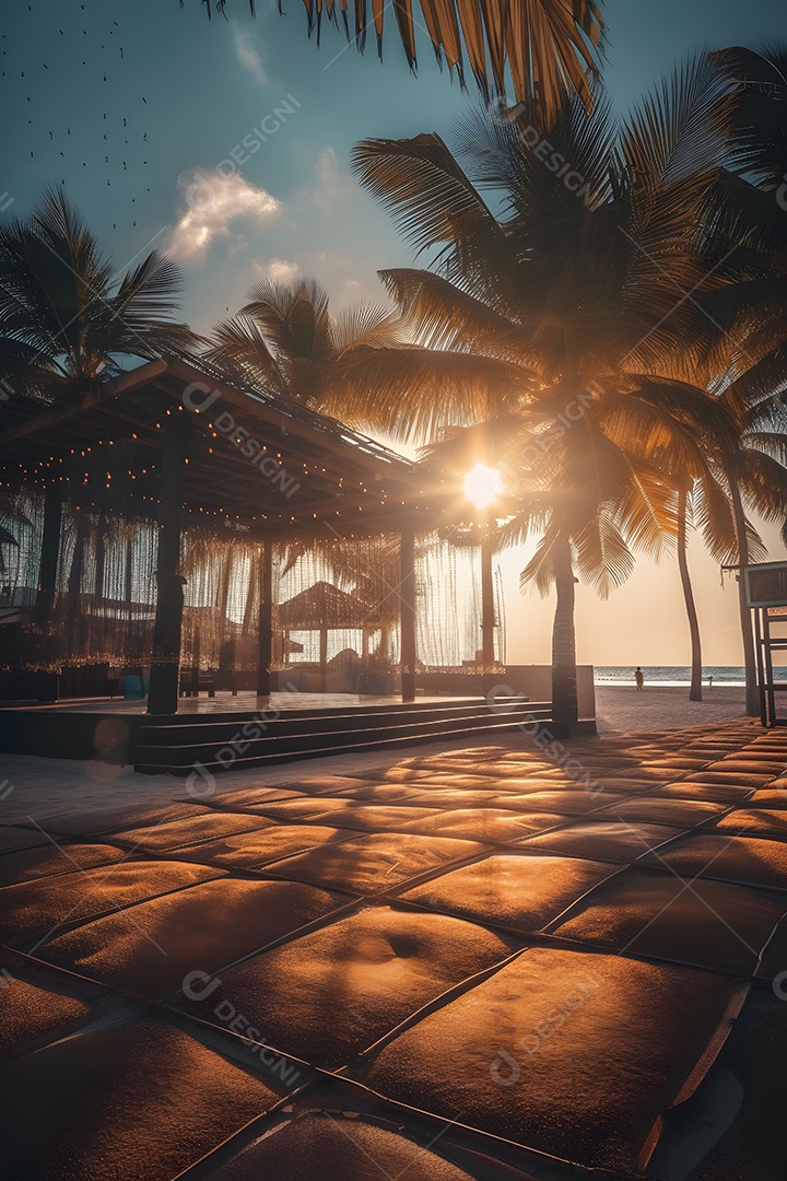 Linda paisagem por do sol com arvores coqueiros