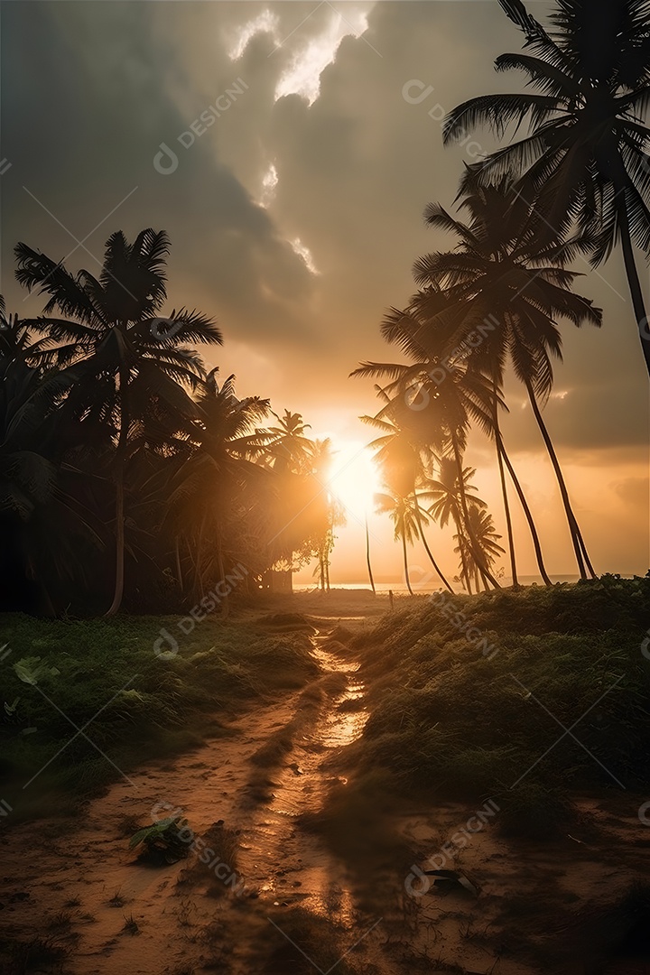 Linda paisagem por do sol com arvores coqueiro