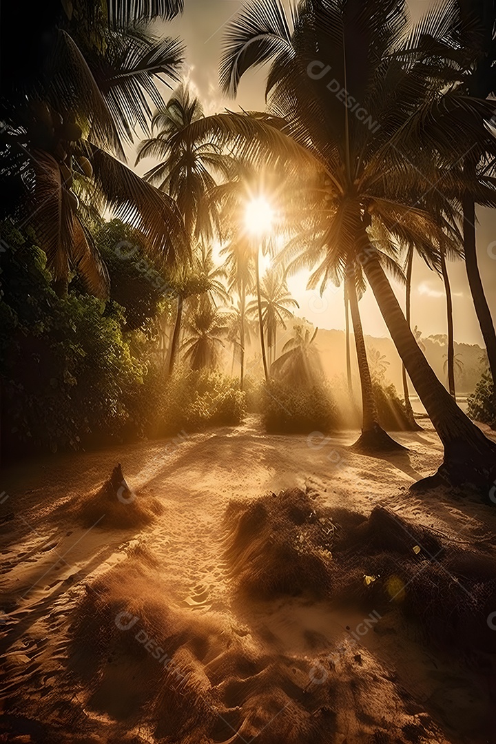 Linda paisagem por do sol com arvores coqueiros