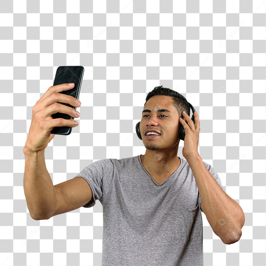 Jovem com Celular e Fone de Ouvido PNG Transparente