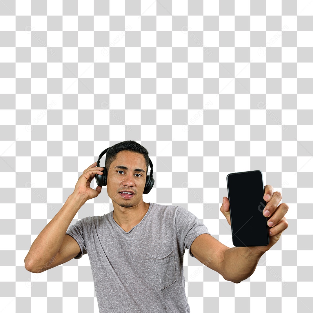 Jovem com Celular e Fone de Ouvido PNG Transparente