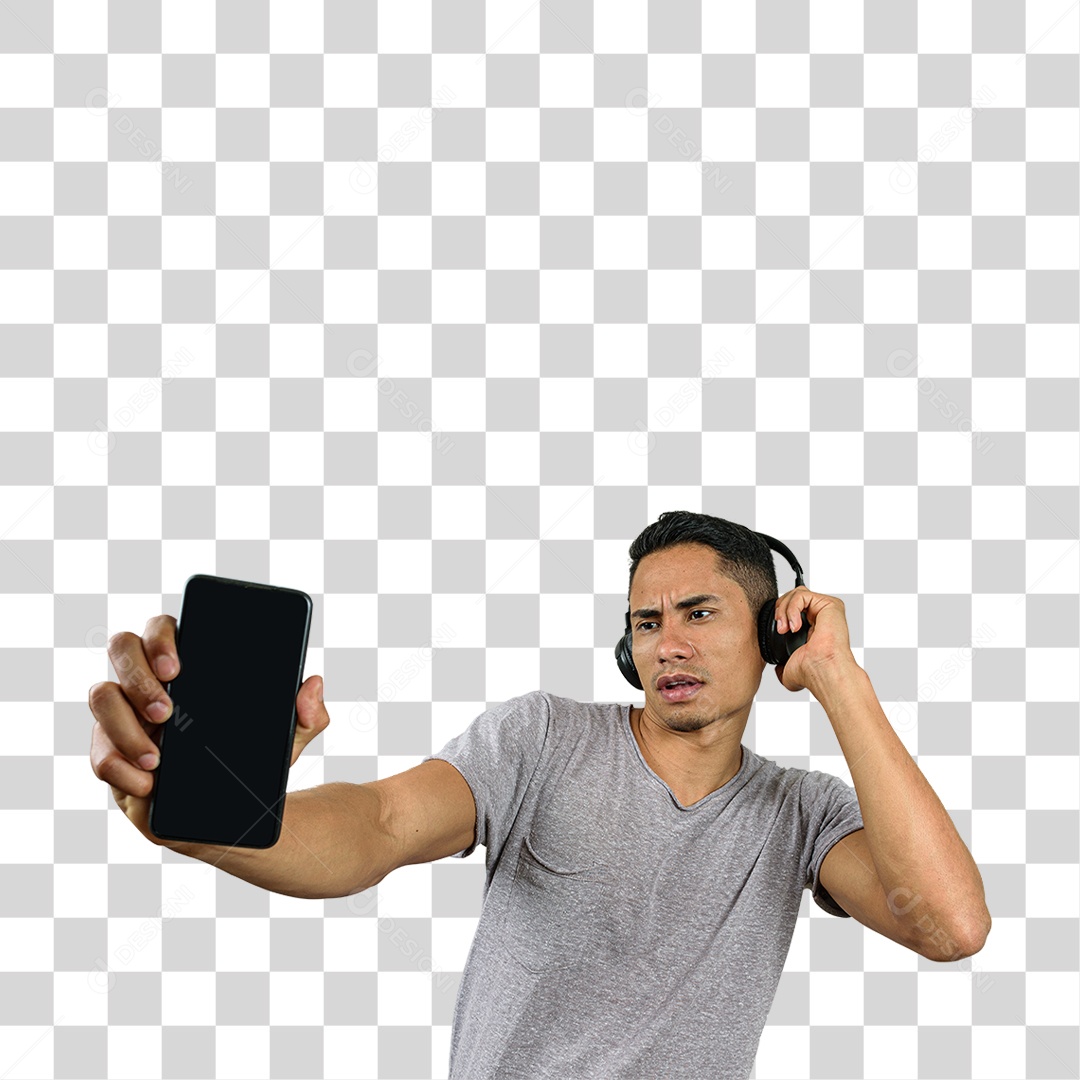 Jovem com Celular e Fone de Ouvido PNG Transparente