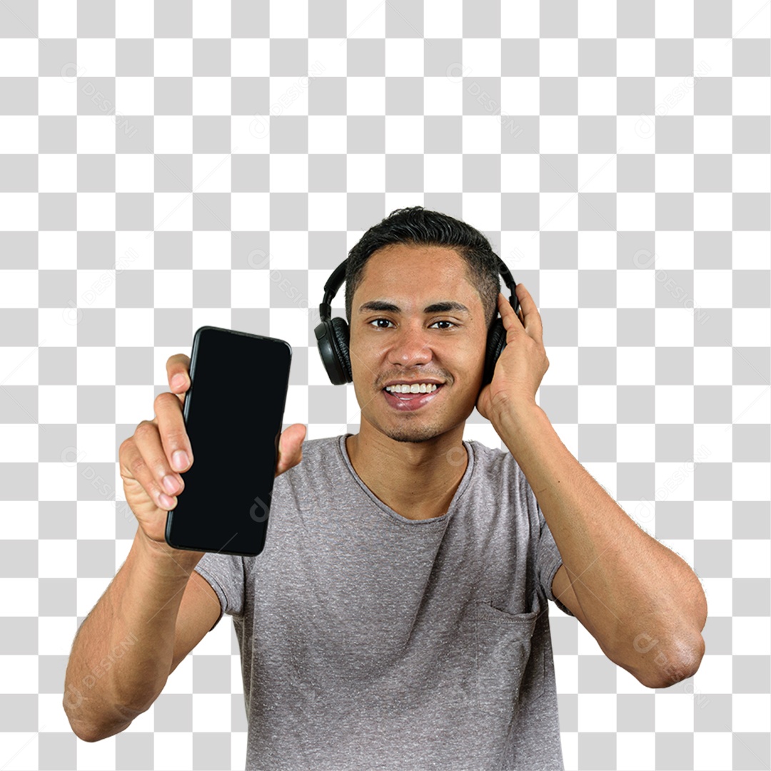 Jovem com Celular e Fone de Ouvido PNG Transparente
