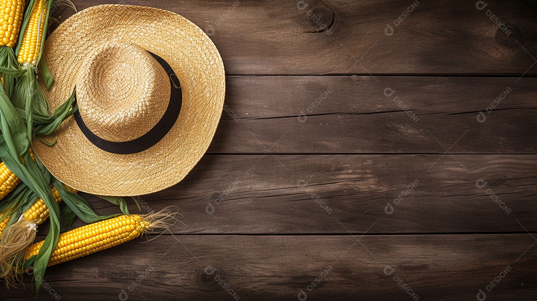 Chapéu de palha ao lado de espigas de milho sobre uma mesa de madeira