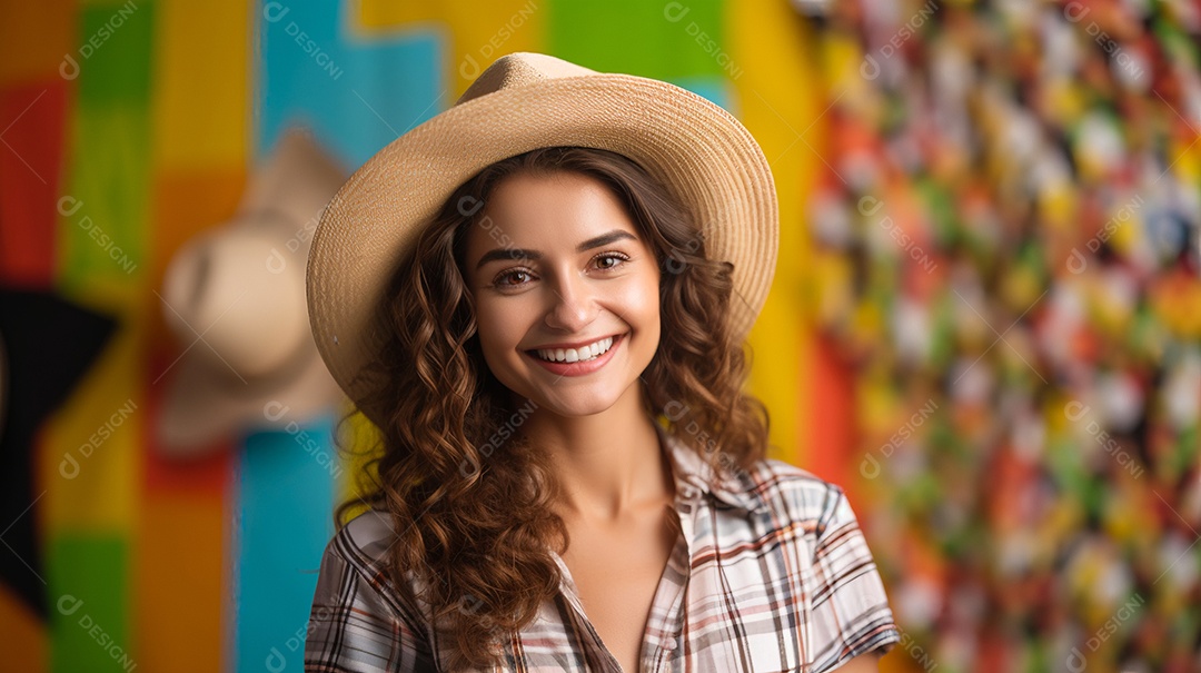 Mulher jovem fantasiada celebrando festas juninas