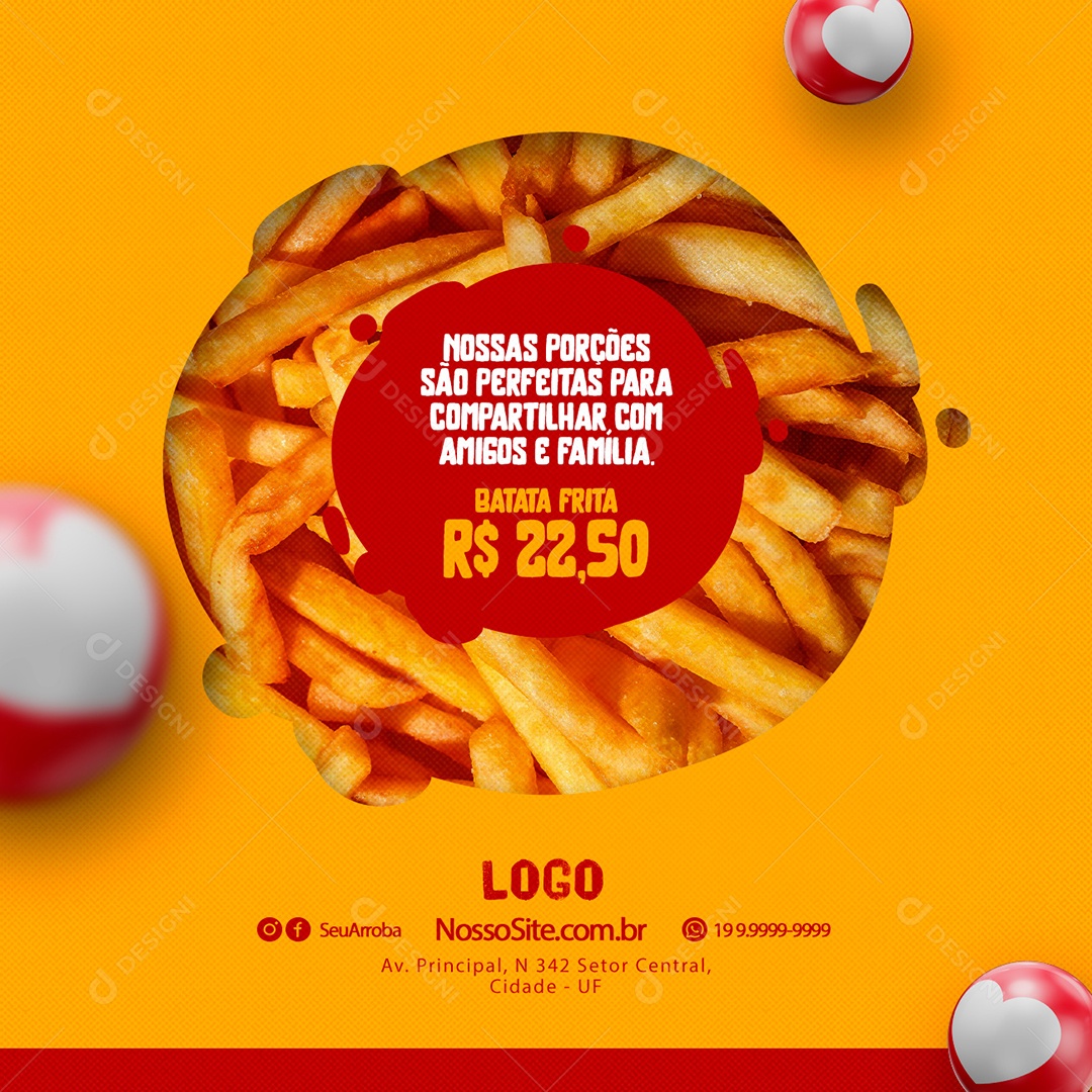 Nossas Porções São Perfeitas Para Compartilhar Batata Frita 22,50 Lanchonete Social Media PSD Editável