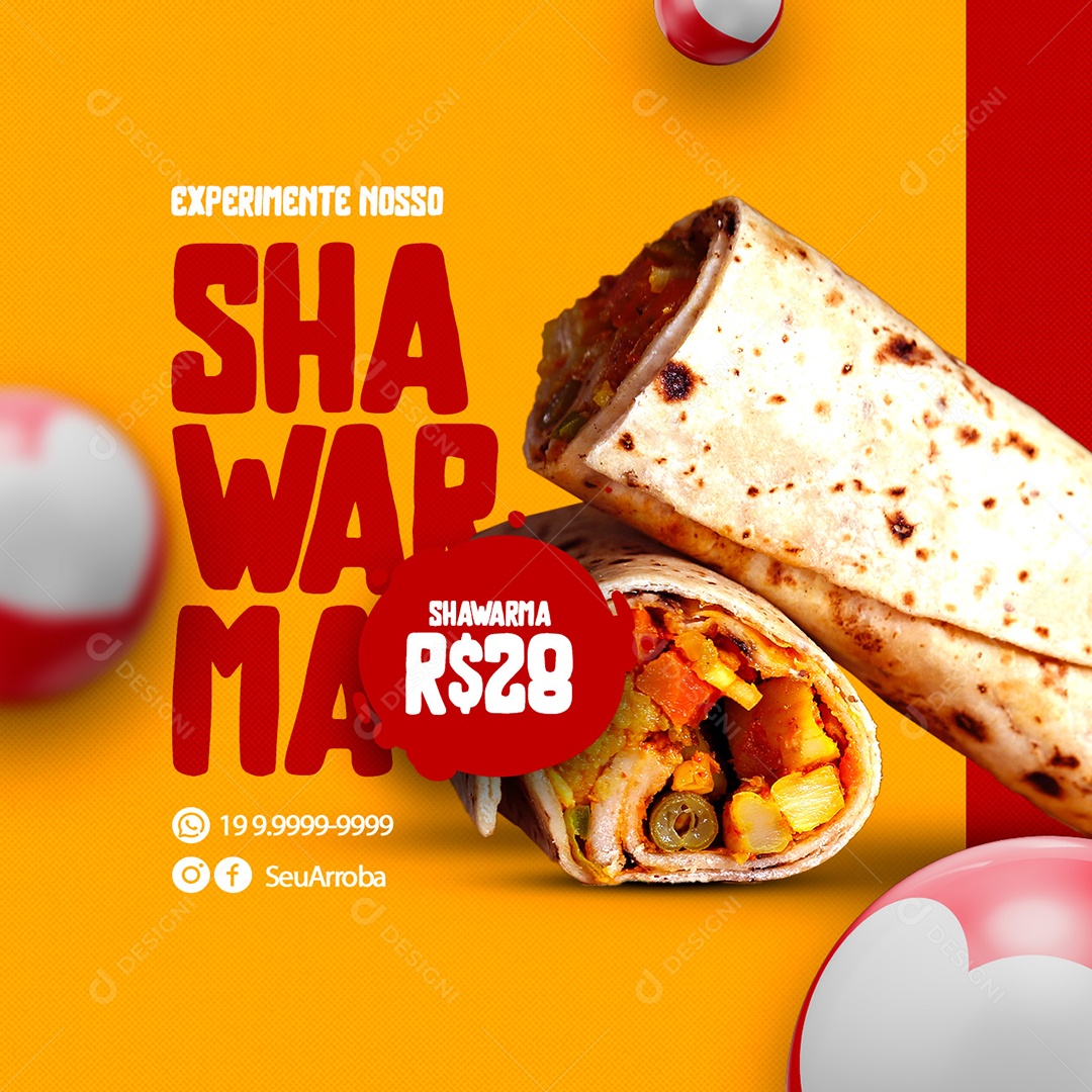 Experimente Nosso Shawarma 28,00 Lanchonete Social Media PSD Editável