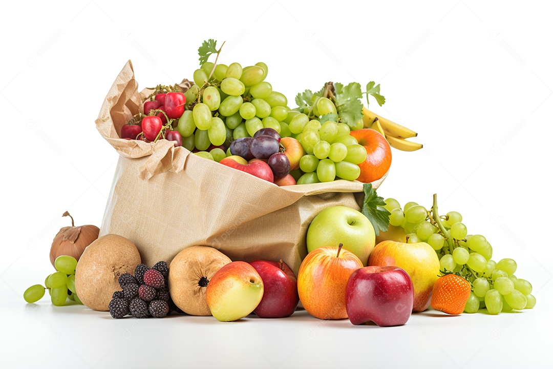 Sacolas com frutas sobre fundo isolado