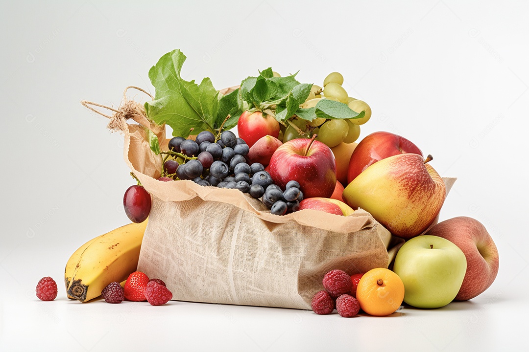 Sacolas com frutas sobre fundo isolado