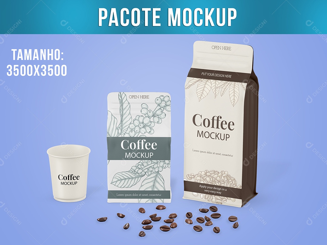 Pacote Mockup com Grãos de Café Copo PSD
