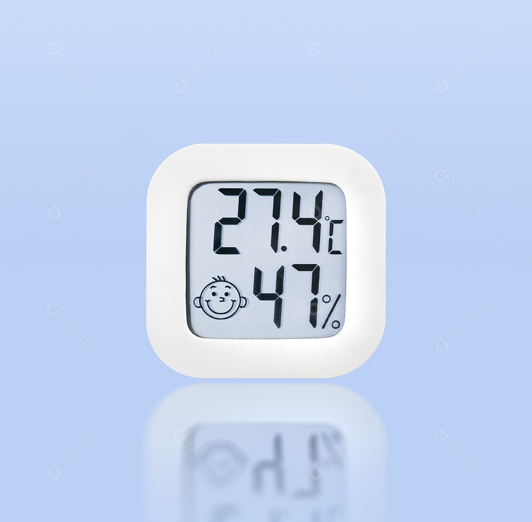 Instrumento de termômetro e umidade isolado em fundo azul com reflexão, caminho de recorte incluído.