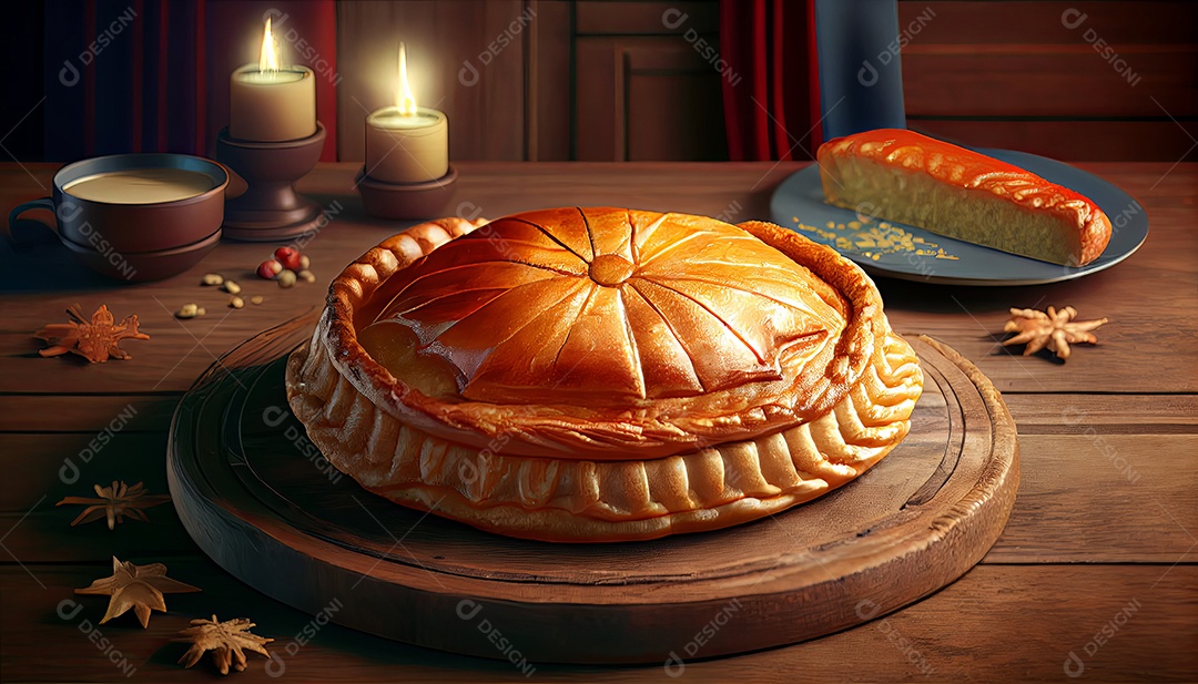 Bolo Rei Comida sobre uma mesa de madeira.