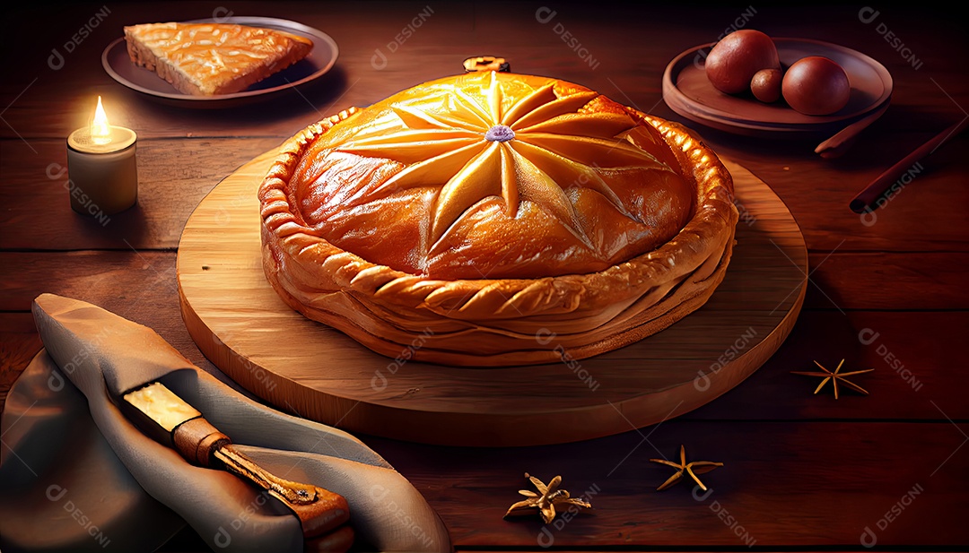 Bolo Rei Comida sobre uma mesa de madeira.