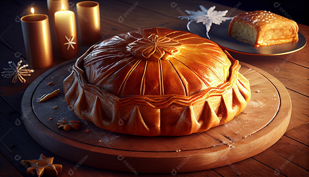 Bolo Rei Comida sobre uma mesa de madeira.