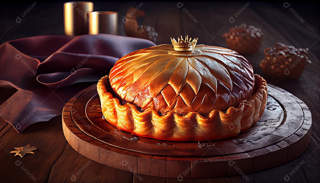 Bolo Rei Comida sobre uma mesa de madeira.