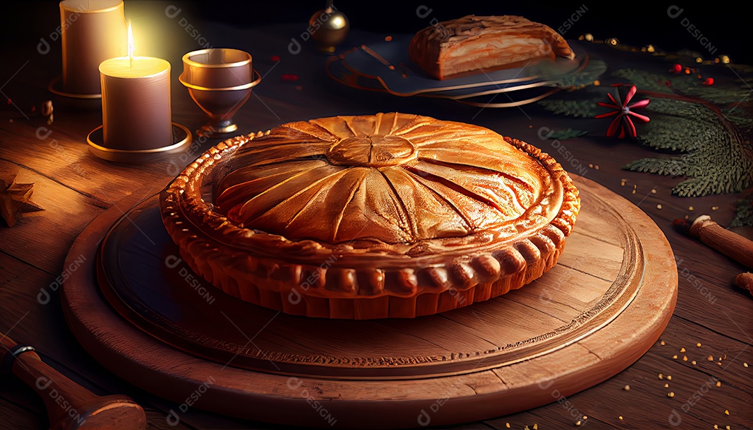 Bolo Rei Comida sobre uma mesa de madeira.