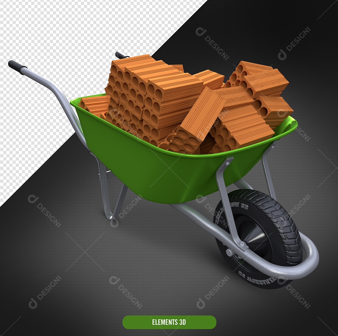 Elemento 3D Para Composição Carrinho de Mão Com Tijolos PSD