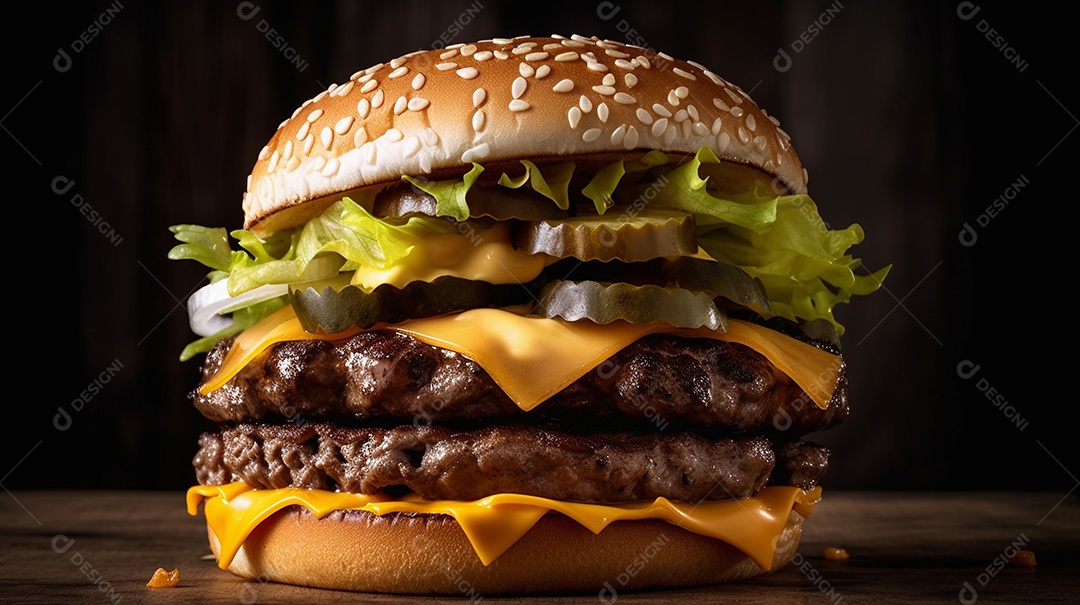 Cheeseburger de carne dupla close-up. hambúrguer ou hambúrguer com salada, queijo e pão.