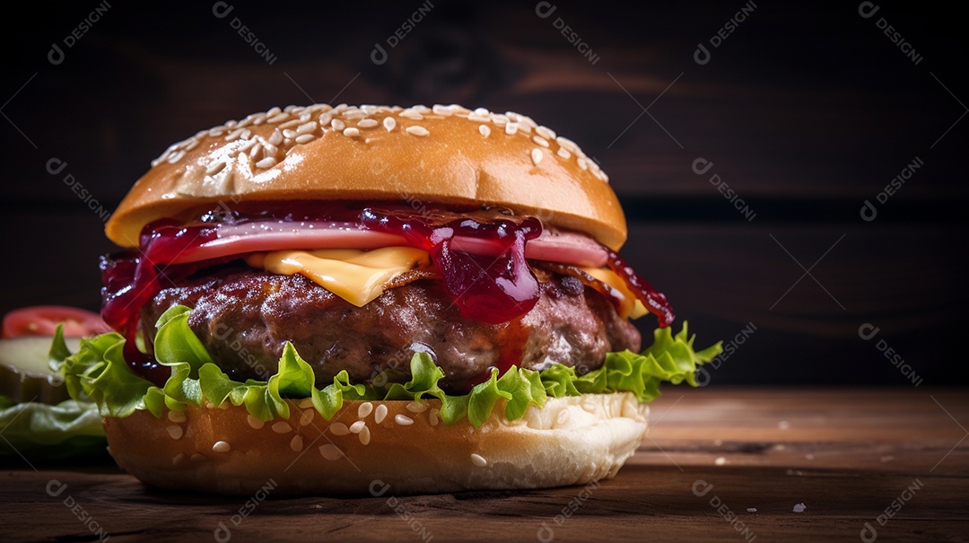 Churrasco cheeseburger close-up. hambúrguer ou hambúrguer com salada