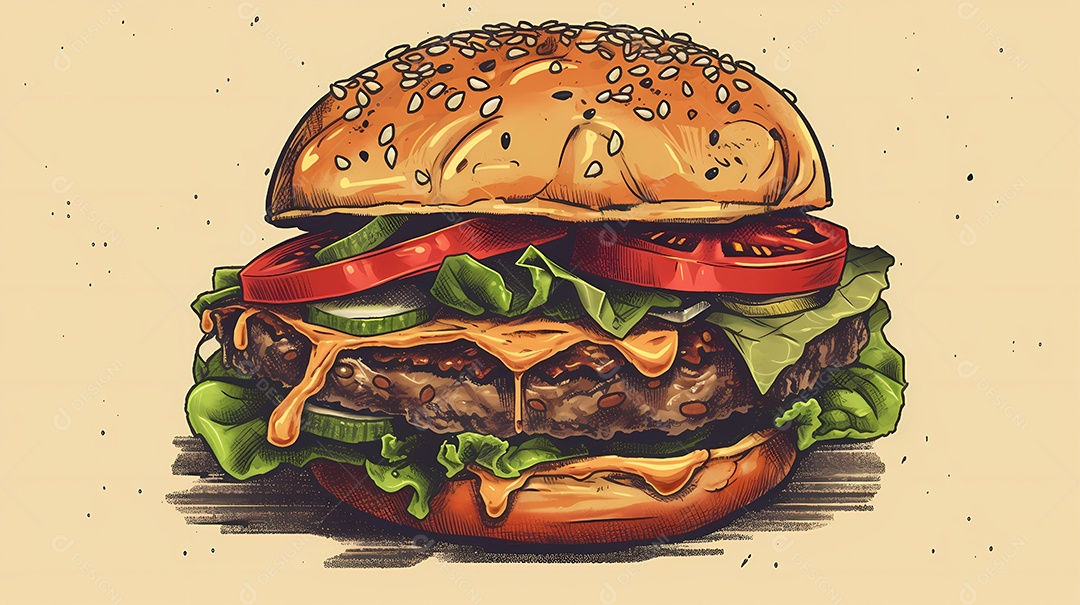 Ilustração de delicioso hambúrguer ou hambúrguer com carne, pão e salada.