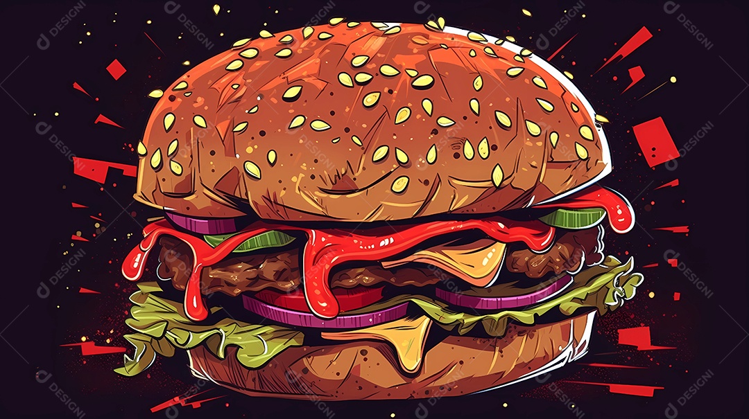 Ilustração de delicioso hambúrguer ou hambúrguer com carne, pão e salada.