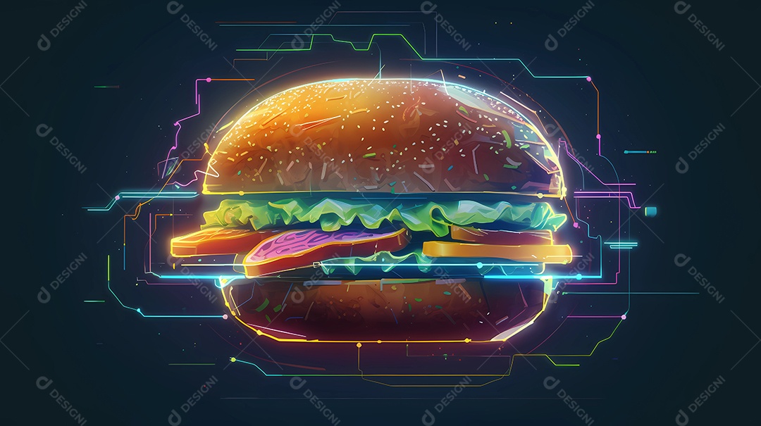 Ilustração de estilo futurista e luzes neon de hambúrguer