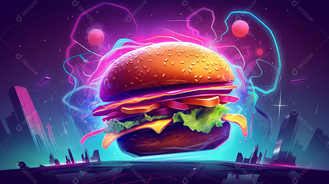 Ilustração de estilo futurista e luzes neon de hambúrguer