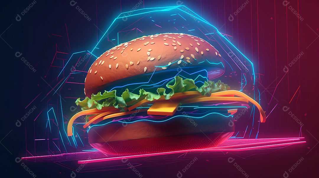 Ilustração de estilo futurista e luzes neon de hambúrguer