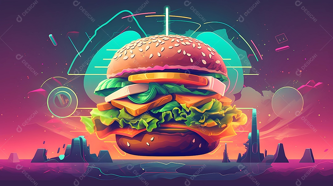 Ilustração de estilo futurista e luzes neon de hambúrguer