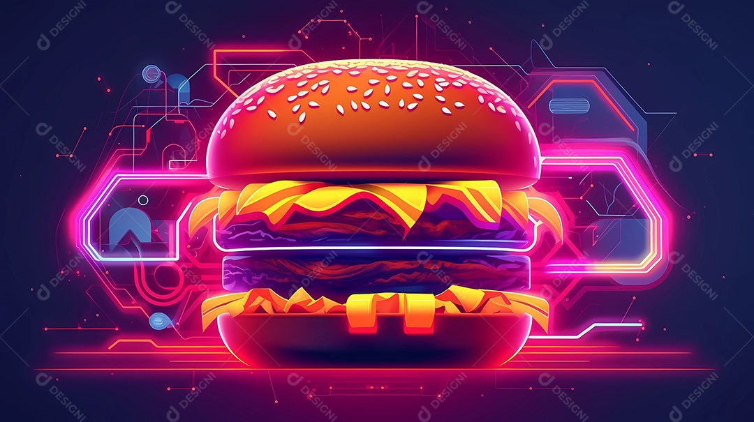 Ilustração de estilo futurista e luzes neon de hambúrguer