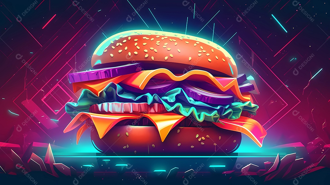 Ilustração de estilo futurista e luzes neon de hambúrguer