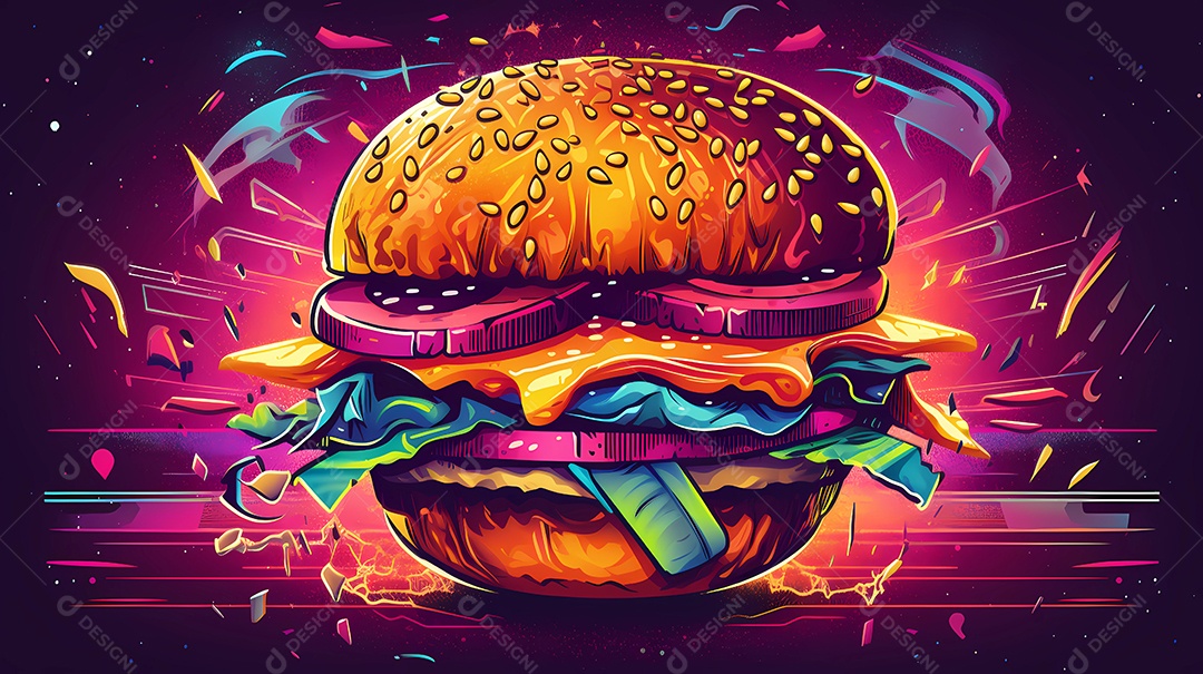 Ilustração de estilo futurista e luzes neon de hambúrguer
