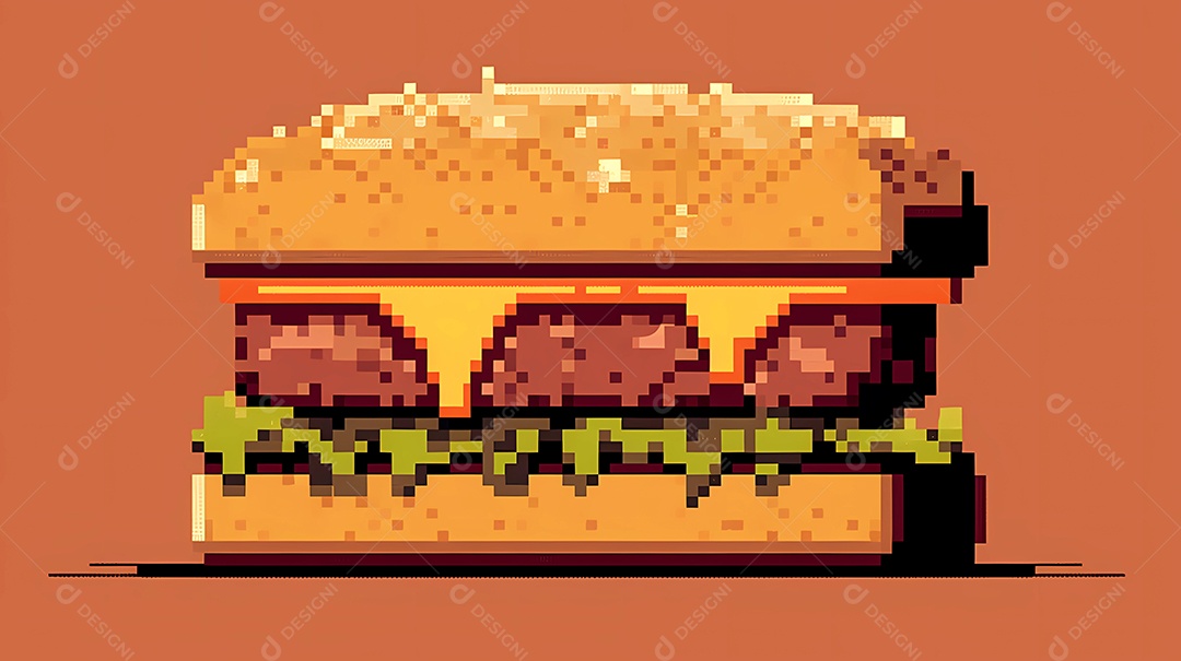 Ilustração de 8 ou 16 bits de delicioso hambúrguer em fundo laranja