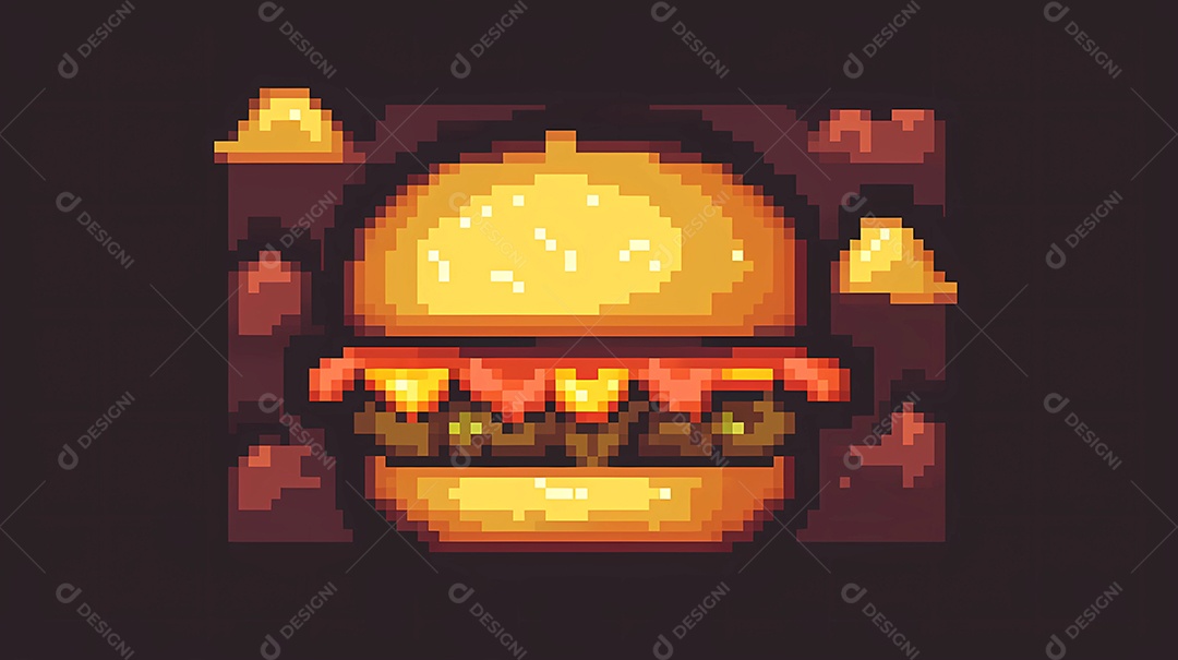 Ilustração de 8 ou 16 bits de delicioso hambúrguer em fundo escuro.