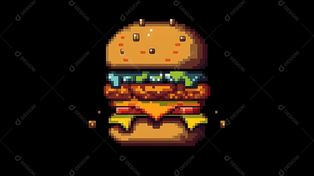 Ilustração de 8 ou 16 bits de delicioso hambúrguer em fundo escuro.