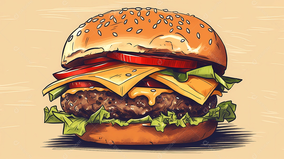 Ilustração de delicioso hambúrguer ou hambúrguer com carne, pão e salada.