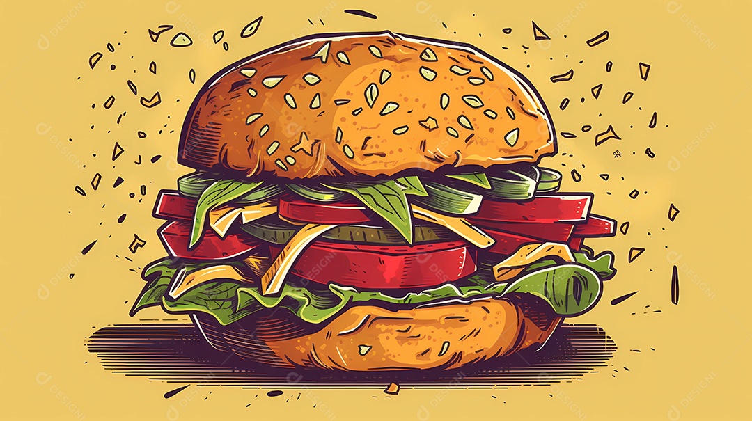 Ilustração de delicioso hambúrguer ou hambúrguer com carne, pão e salada.