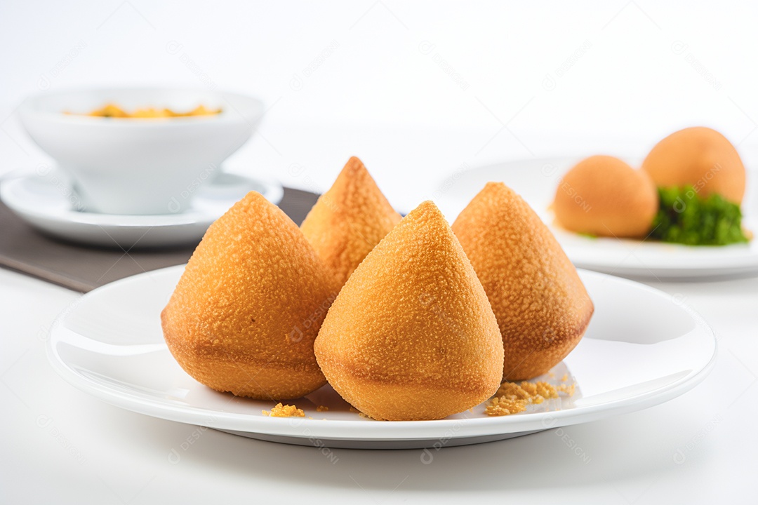 Coxinhas sobre prato branco sobre fundo isolado branco