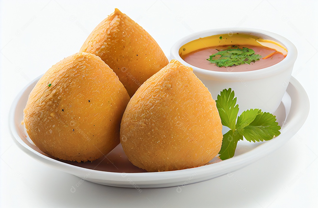 Coxinhas sobre prato branco sobre fundo isolado branco