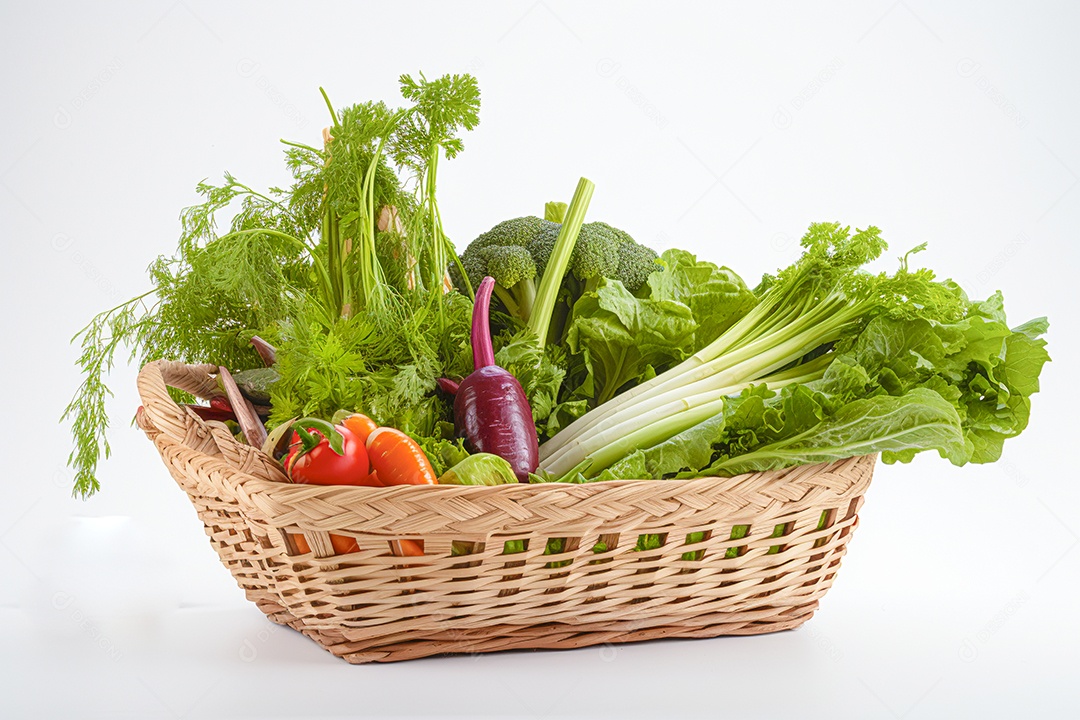 Cesta de verduras sobre uma mesa de madeira